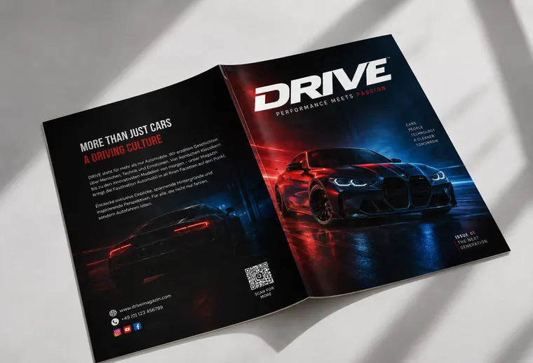 Titel- und Rückseite des Automagazins DRIVE mit einem Sportwagen bei Nacht