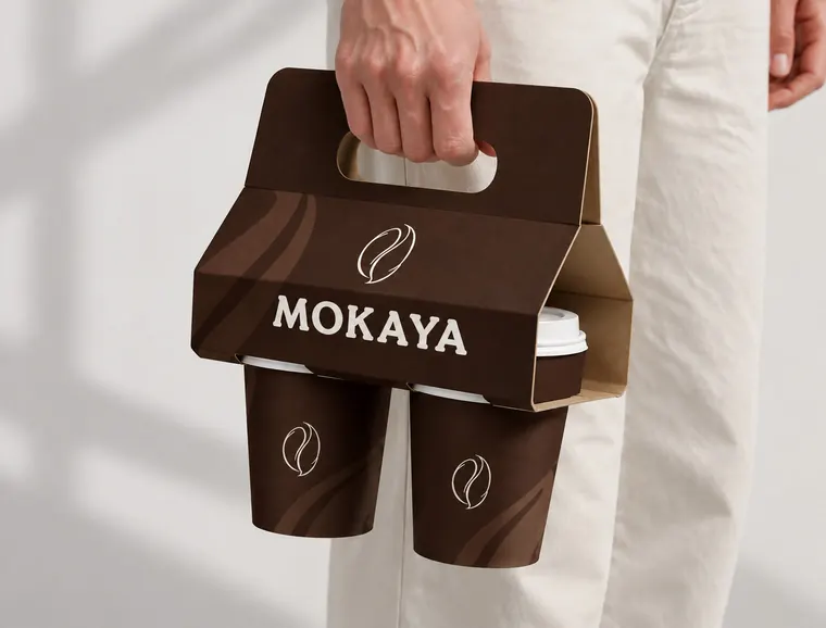 Getränkehalter aus braunem Karton mit zwei MOKAYA-Kaffeebechern