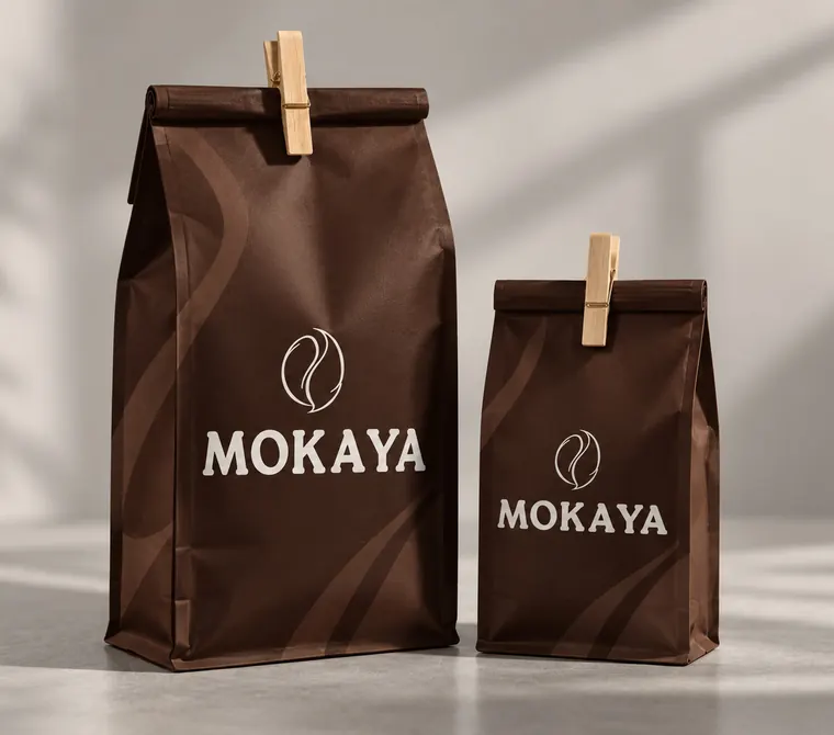 Zwei braune Kaffeetüten mit MOKAYA-Logo und Holzklammer