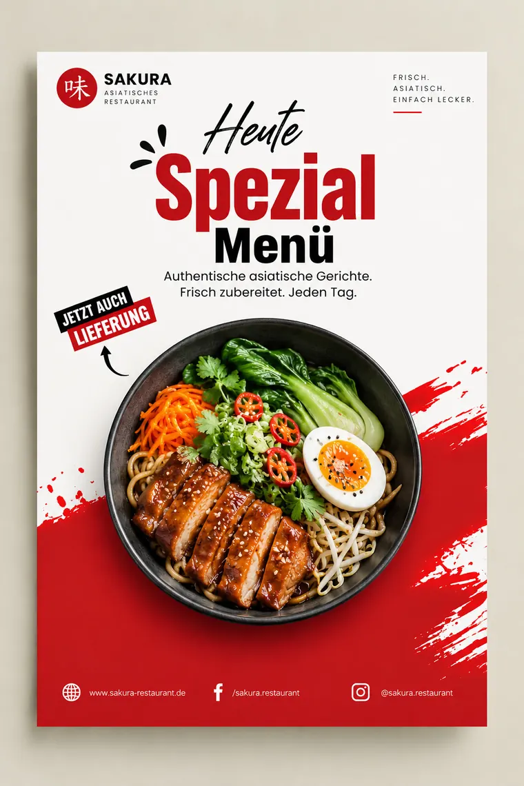 Flyer „Heute Spezial Menü“ des Restaurants Sakura mit einer Ramen-Schale