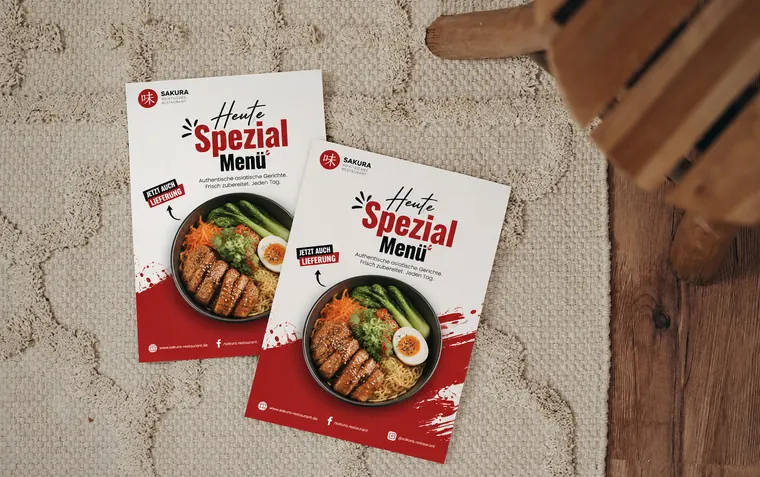 Zwei Sakura-Flyer auf einem hellen Teppich neben einem Holzhocker