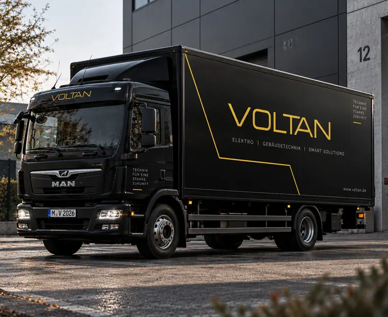 Schwarzer Lkw mit VOLTAN-Beschriftung und gelber Linienführung